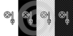 Set line Stop sign with camera icon isolated on black and white, transparent background. Traffic regulatory warning stop