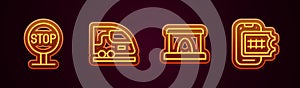 Set line Stop sign, High-speed train, Railway tunnel and Online ticket booking. Glowing neon icon. Vector
