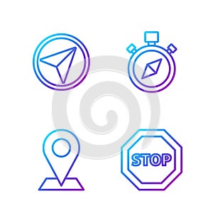 Set line Stop sign, Location, Infographic of city map navigation and Compass. Gradient color icons. Vector