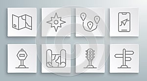 Set line Stop sign, Wind rose, Folded map, Traffic light, Road traffic, Route location, City navigation and icon. Vector