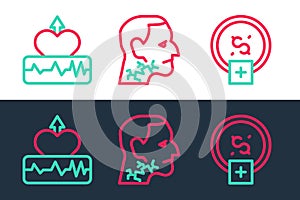 Set line Stop smoking, money saving, Heartbeat increase and Throat cancer icon. Vector