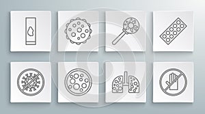 Set line Stop virus, Virus, cells in lung, No handshake, under magnifying glass, Pills blister pack and Blood test icon