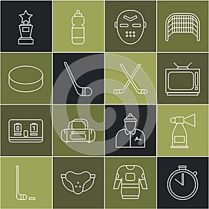 Set line Stopwatch, Air horn, Retro tv, Hockey mask, Ice hockey stick, puck, Award cup and sticks icon. Vector