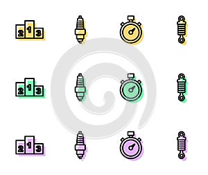 Set line Stopwatch, Award over sports winner podium, Car spark plug and Shock absorber icon. Vector