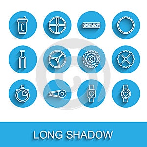 Set line Stopwatch, Bicycle chain with gear, Sport bottle water, Smart, wheel, sprocket crank and cassette icon. Vector