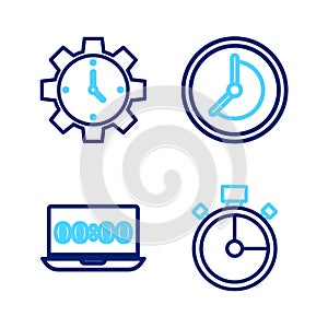 Set line Stopwatch, Clock on laptop, and Time Management icon. Vector