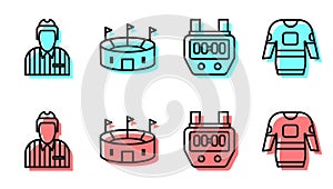 Set line Stopwatch, Hockey judge, referee, arbiter, Hockey stadium and Hockey jersey icon. Vector