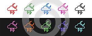 Set line Storm icon isolated on black and white background. Cloud with lightning and moon sign. Weather icon of storm