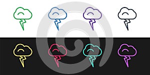 Set line Storm icon isolated on black and white background. Cloud and lightning sign. Weather icon of storm. Vector