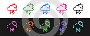 Set line Storm icon isolated on black and white background. Cloud with lightning and sun sign. Weather icon of storm