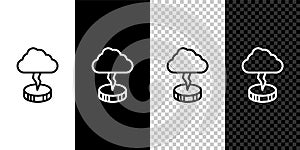 Set line Storm icon isolated on black and white, transparent background. Cloud and lightning sign. Weather icon of storm