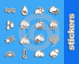 Set line Storm, Snowflake, Cloud with rain and moon, Sun cloud weather, Water drop, Waves and Windy icon. Vector