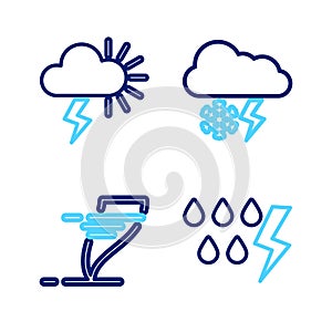 Set line Storm, Tornado, Cloud with snow and lightning and icon. Vector