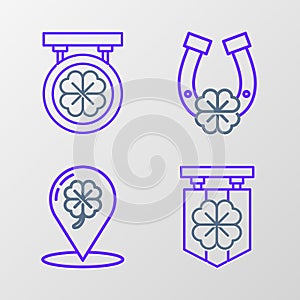 Set line Street signboard with four leaf clover, Location and, Horseshoe and icon. Vector