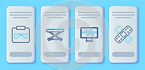 Set line Stretcher, Monitor with cardiogram, X-ray shots broken bone and Crossed bandage plaster icon. Vector