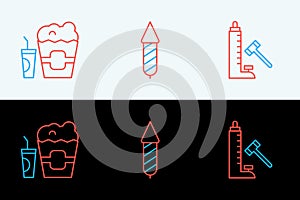 Set line Striker attraction with hammer, Popcorn in box and glass and Firework rocket icon. Vector