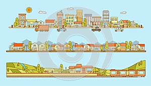 Set of Line Style cityscape, housing complex and train station with village scenery and hills flat vector illustration