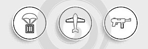 Set line Submachine gun M3, Airdrop box and Jet fighter icon. Vector photo