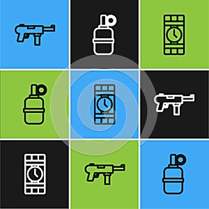 Set line Submachine gun M3, Dynamite and timer clock and Hand grenade icon. Vector photo
