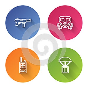 Set line Submachine gun M3, Gas mask, Walkie talkie and Airdrop box. Color circle button. Vector