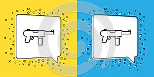 Set line Submachine gun M3, Grease gun icon isolated on yellow and blue background. Vector