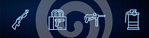 Set line Submachine gun M3, Hunting, Buying pistol and Hand smoke grenade. Glowing neon icon on brick wall. Vector