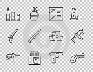 Set line Submachine gun M3, Small revolver, Weapon catalog, Buying pistol, Bullet, Military knife, Pistol or and MP9I
