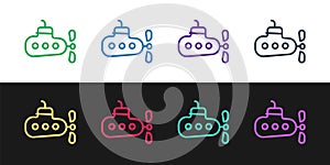 Set line Submarine icon isolated on black and white background. Military ship. Vector