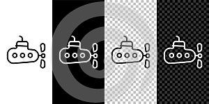 Set line Submarine icon isolated on black and white, transparent background. Military ship. Vector