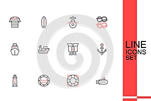 Set line Submarine, Lifebuoy, Ship porthole, Lighthouse, Anchor, Binoculars, Cargo ship and Yacht sailboat icon. Vector