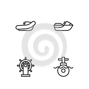 Set line Submarine, Ship steering wheel, Inflatable boat with motor and Jet ski icon. Vector