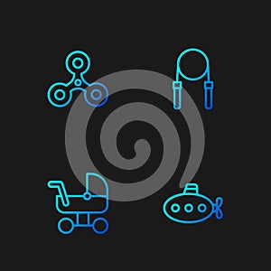 Set line Submarine toy, Baby stroller, Fidget spinner and Jump rope. Gradient color icons. Vector