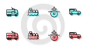 Set line Submarine, Trolleybus, Oil tanker ship and Car icon. Vector
