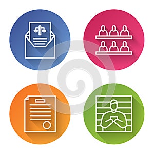 Set line Subpoena, Jurors, The arrest warrant and Suspect criminal. Color circle button. Vector