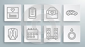Set line Suit, Clipboard with checklist, Calendar, Home stereo two speakers, Male gender symbol, Envelope Valentine