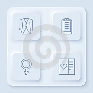 Set line Suit, Clipboard with checklist, Female gender symbol and Postcard heart. White square button. Vector