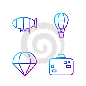 Set line Suitcase, Parachute, Airship and Hot air balloon. Gradient color icons. Vector