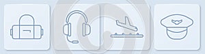 Set line Suitcase, Plane landing, Headphones with microphone and Pilot hat. White square button. Vector