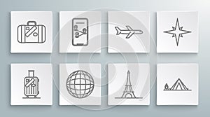 Set line Suitcase for travel and stickers, Infographic of city map navigation, Earth globe, Eiffel tower, Tourist tent