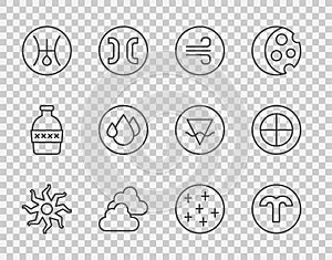 Set line Sun, Aries zodiac, Windy weather, Cloudy, Symbol Uranus, Water drop, Full moon and Earth globe icon. Vector
