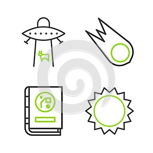 Set line Sun, Book by astronomy, Comet falling down fast and Planet icon. Vector