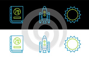 Set line Sun, Book by astronomy and Space shuttle and rockets icon. Vector