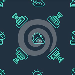 Set line Sun and cloud weather, Airport control tower and Radar on seamless pattern. Vector