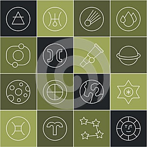 Set line Sun, Falling star, Planet Saturn, Comet, Pisces zodiac, Solar system, Air element and Telescope icon. Vector