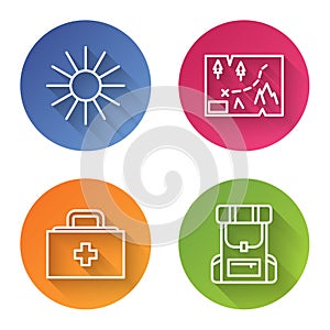 Set line Sun, Folded map with location, First aid kit and Hiking backpack. Color circle button. Vector