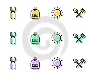 Set line Sun, Gardening scissors, Pack full of seeds and Shovel and rake icon. Vector