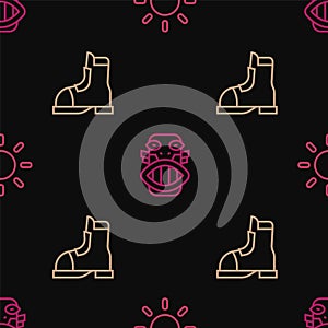 Set line Sun, Hunter boots and Mexican mayan or aztec mask on seamless pattern. Vector