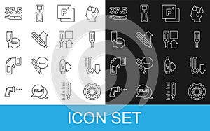 Set line Sun, Meteorology thermometer, Digital, Fahrenheit, Medical, and icon. Vector