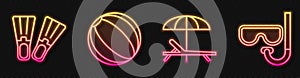 Set line Sunbed and umbrella, Rubber flippers, Beach ball and Diving mask and snorkel. Glowing neon icon. Vector