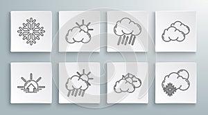 Set line Sunrise, and cloud weather, Cloud with rain sun, snow, and Snowflake icon. Vector